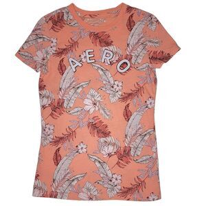Aeropostale Women's Medium T-Shirt Pink Peach Leaf Tropical Classic Crew Cotton